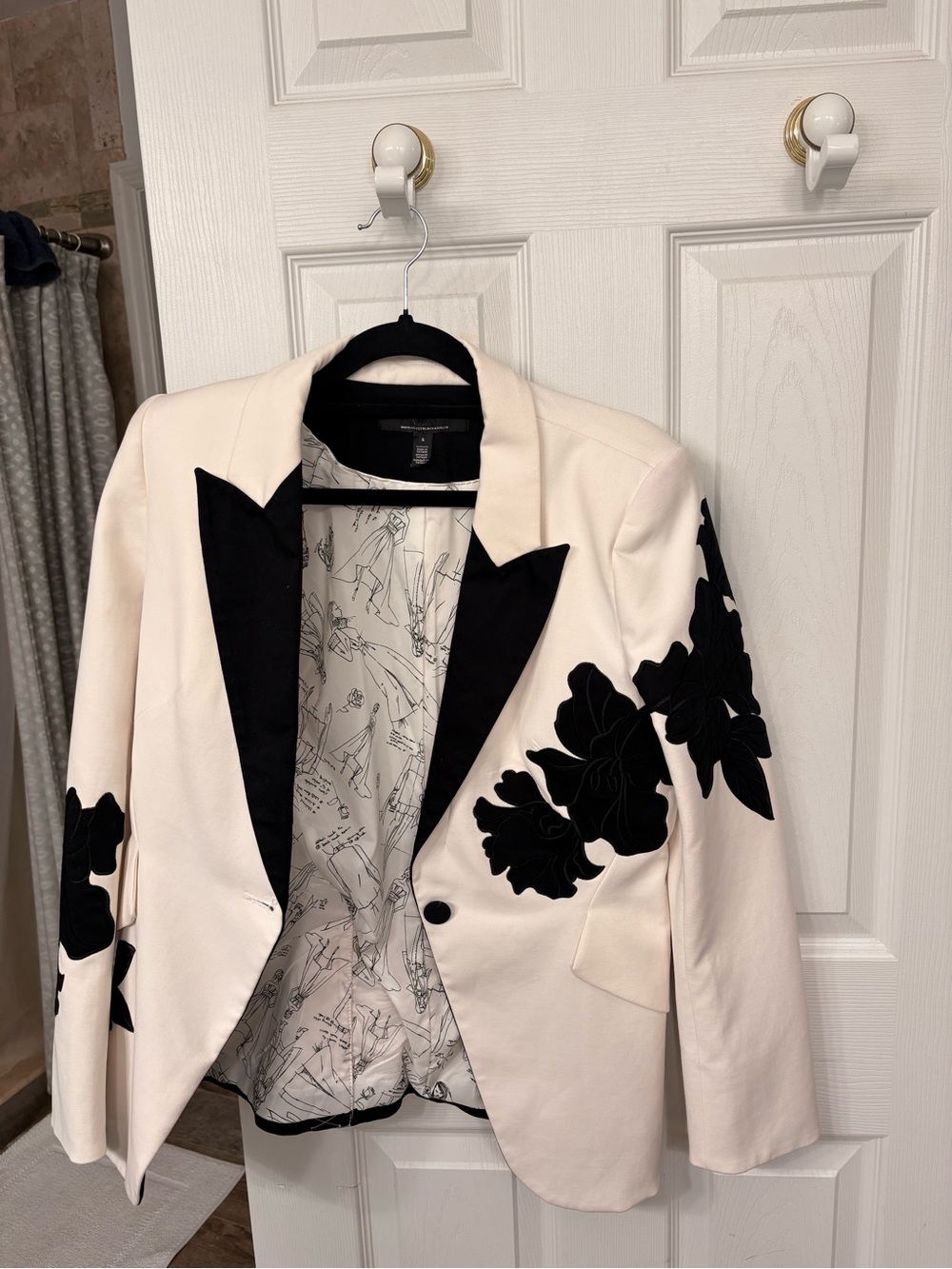 White House Black Market Cream Blazer with Black Floral Appliqué
